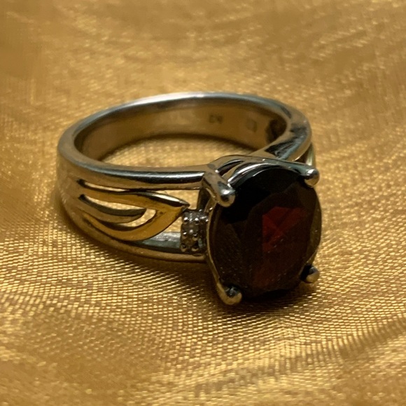 Garnet and Diamond Sterling Silver Ring with Gold Accents - Picture 3 of 7